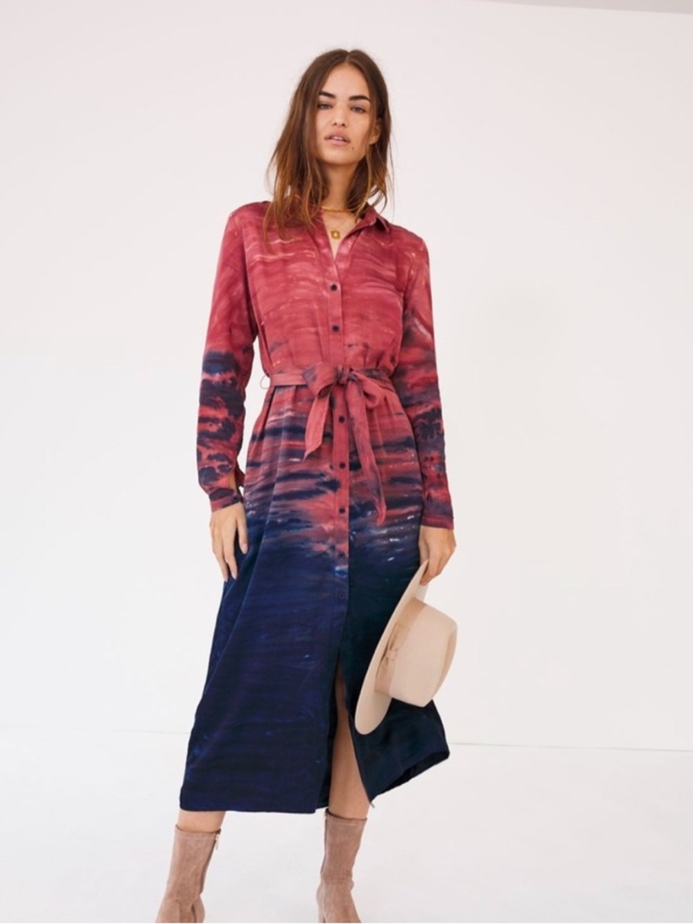 Anthropologie Ombre Tie-Dye Button-Front Maxi Dress in Burgundy and Navy *No tie